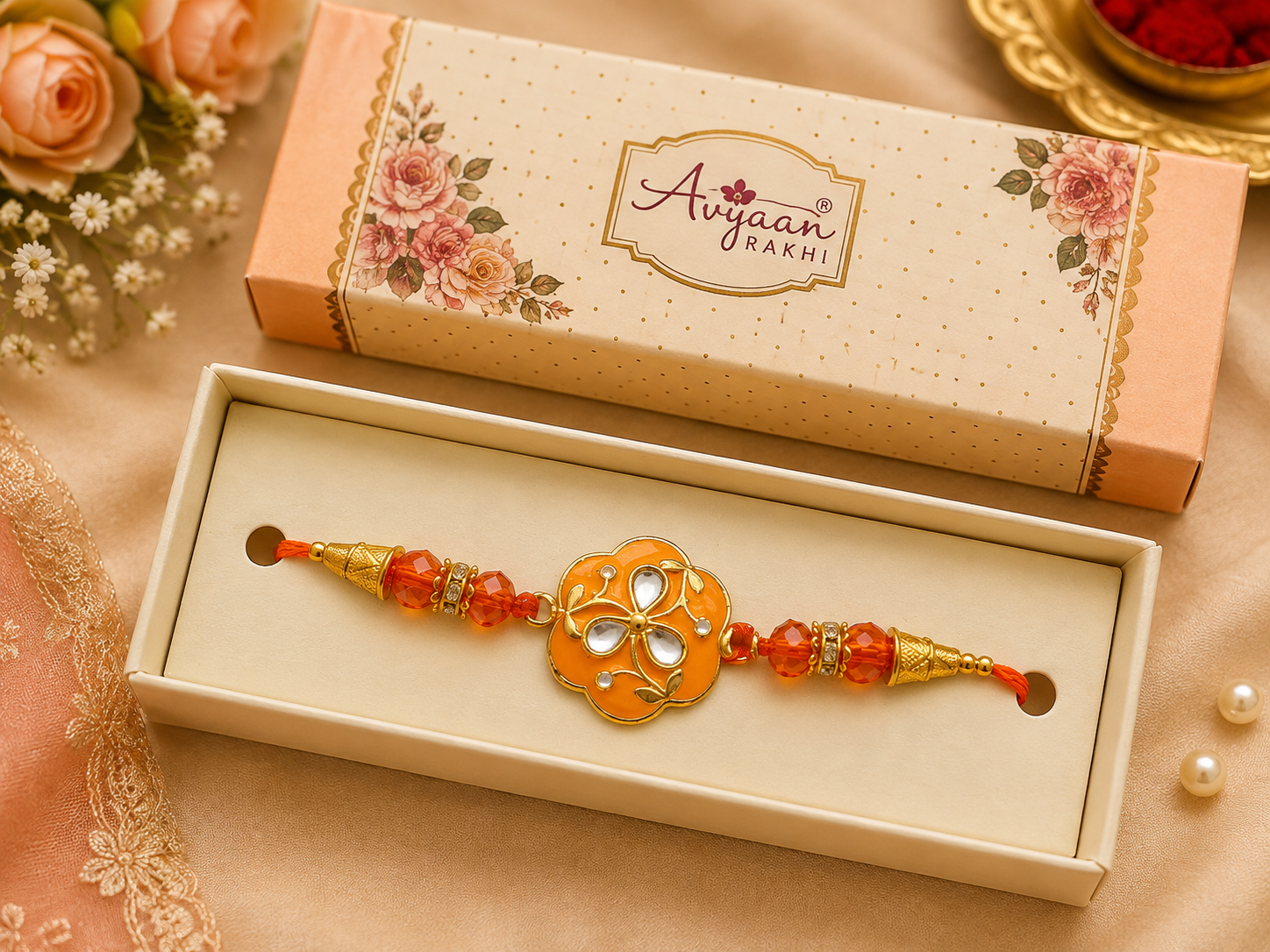 Premium Floral Designer Rakhi with Kundan Stones & Orange Crystal Beads