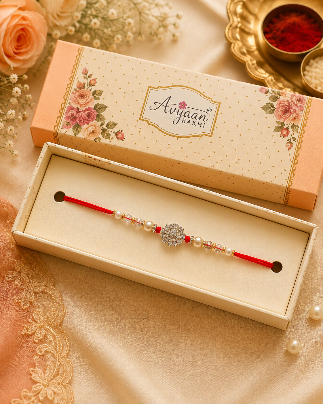 Premium Snowflake Crystal Designer Rakhi with Pearl Beads