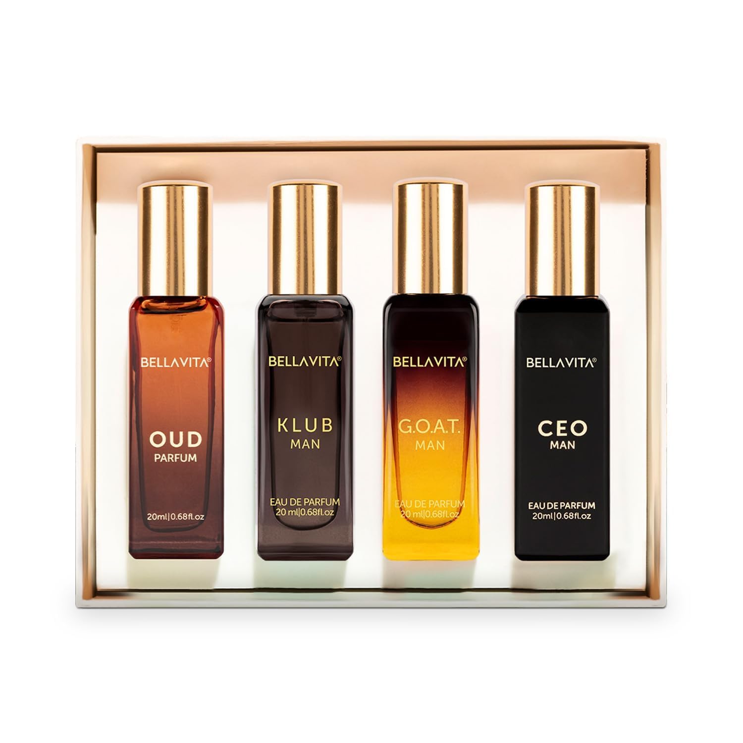 Bella Vita Luxury | Long Lasting Men Perfume Gift Set | 4x20ml | Perfume for Man | Gift for Man | Woody, Citrusy, Oud Premium Fragrance | KLUB, OUD, CEO, G.O.A.T