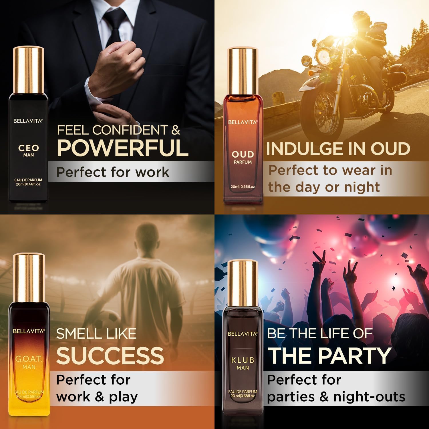 Bella Vita Luxury | Long Lasting Men Perfume Gift Set | 4x20ml | Perfume for Man | Gift for Man | Woody, Citrusy, Oud Premium Fragrance | KLUB, OUD, CEO, G.O.A.T
