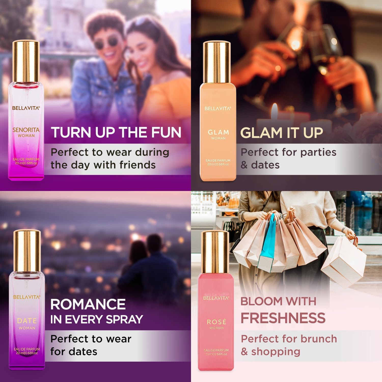 Bella Vita Luxury | Perfume Gift Set for Women 4x20ml | Gifts for Woman | Perfume for Woman | Date, Senorita, Glam, Rose Long Lasting EDP | Floral & Fruity Premium Fragrance