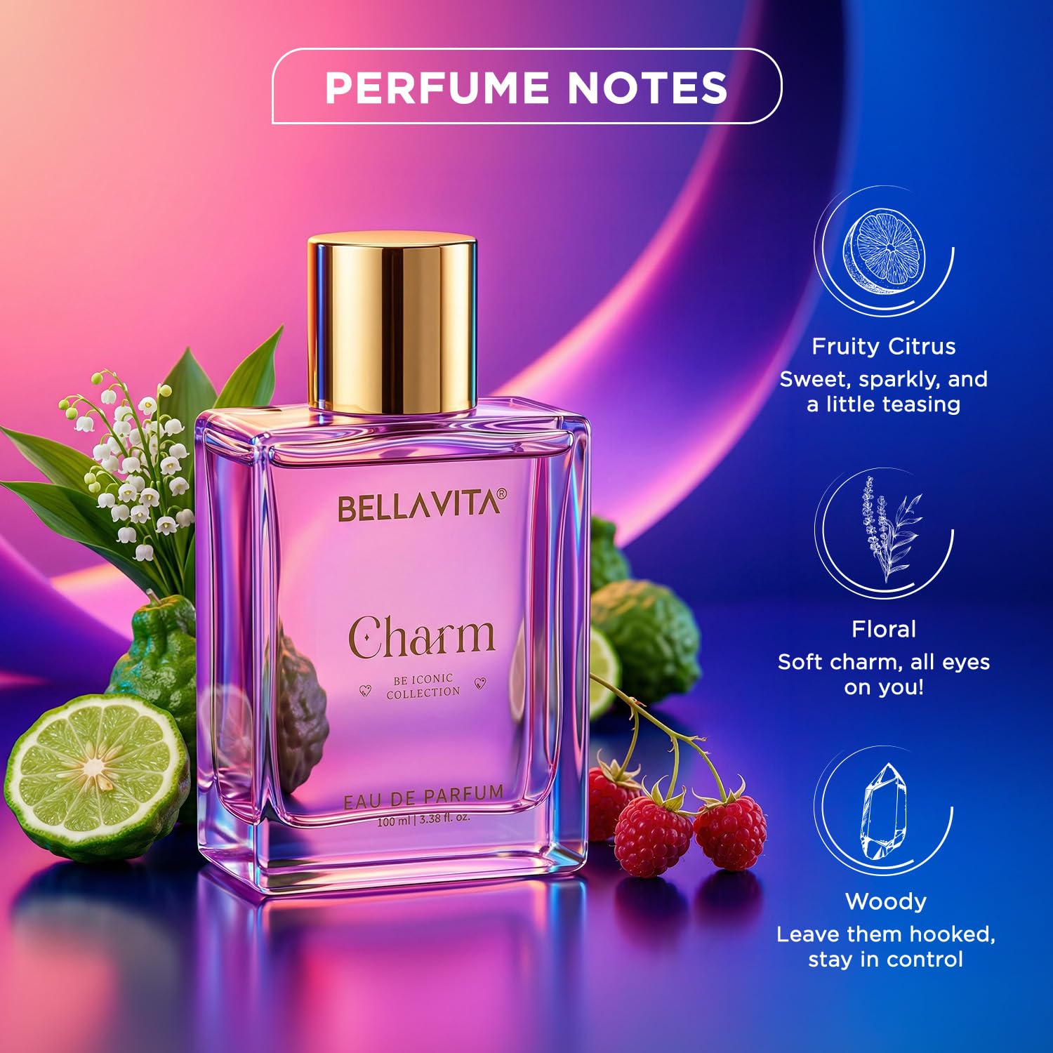 BELLAVITA Charm EDP | Perfume for Woman | Long Lasting | 100ml | Fruity & Floral Scent | Premium Perfume for Women