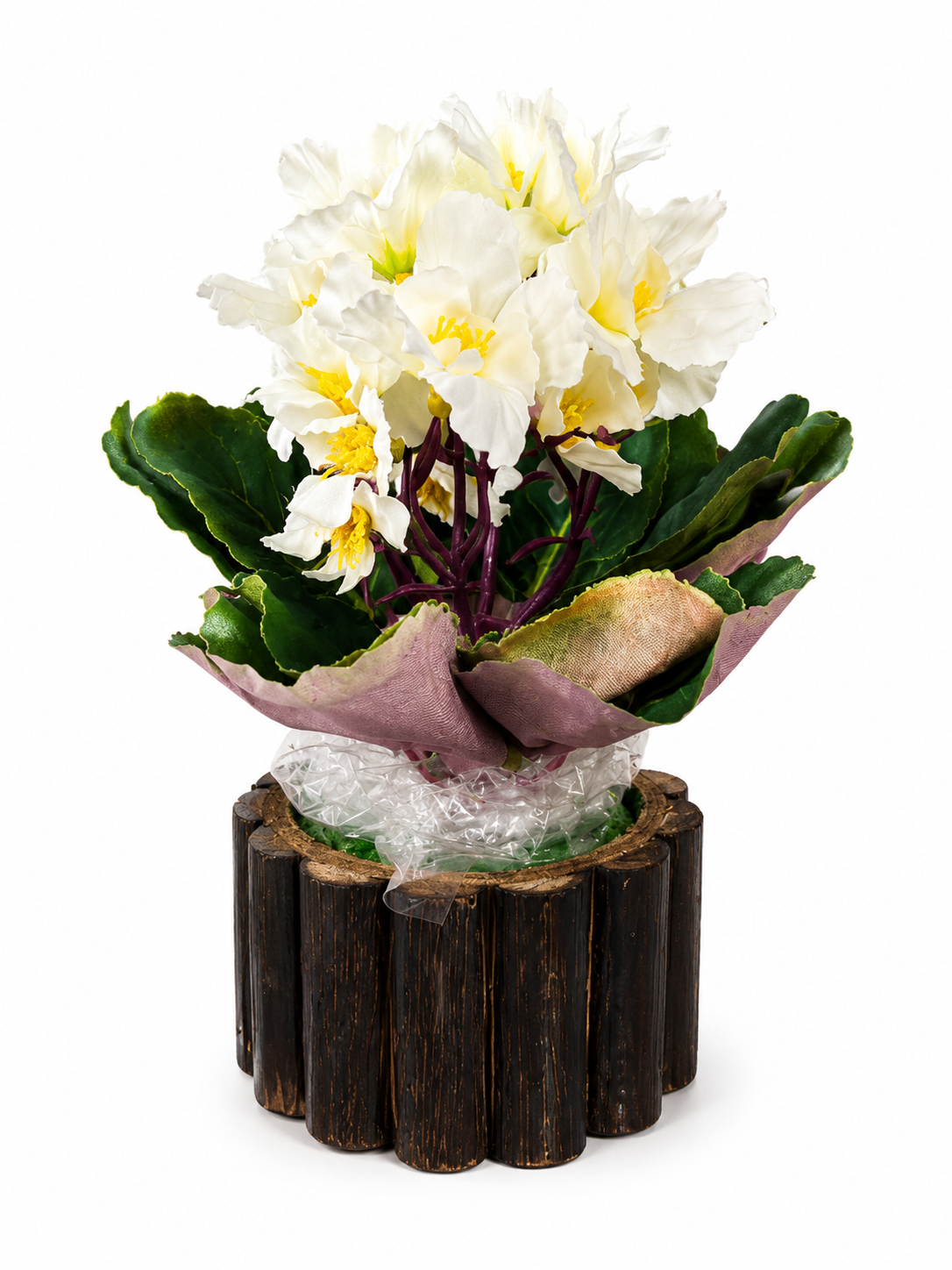 Artificial Purple Flower Plant with Decorative Wooden Pot