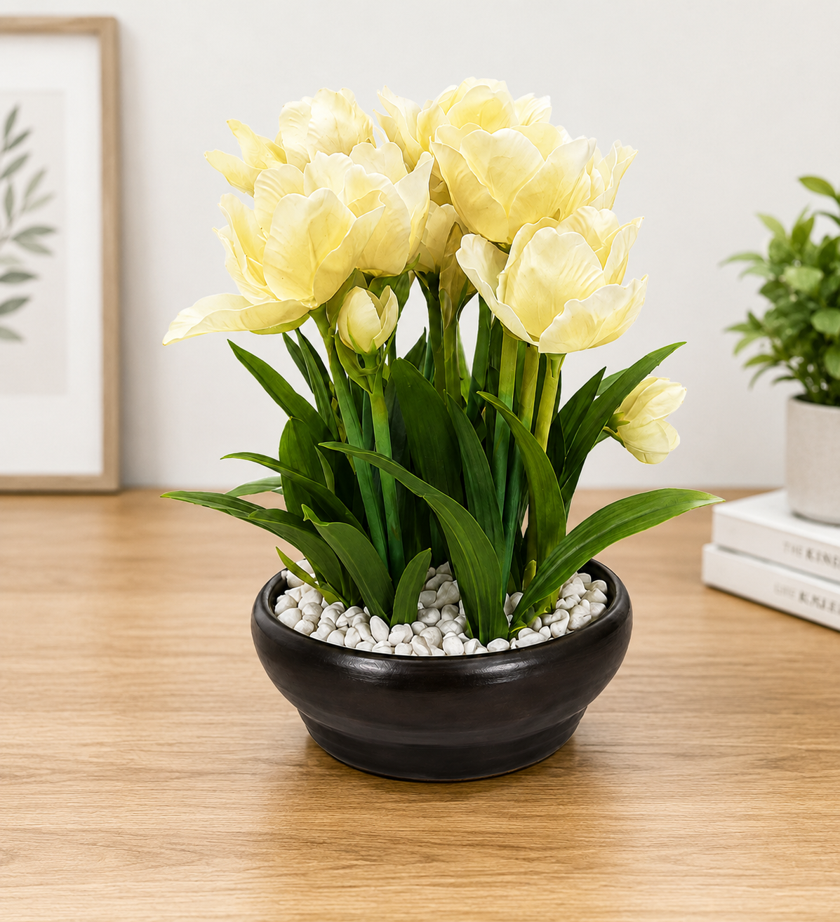 Artificial White Rose Flower Plant with Decorative Bowl