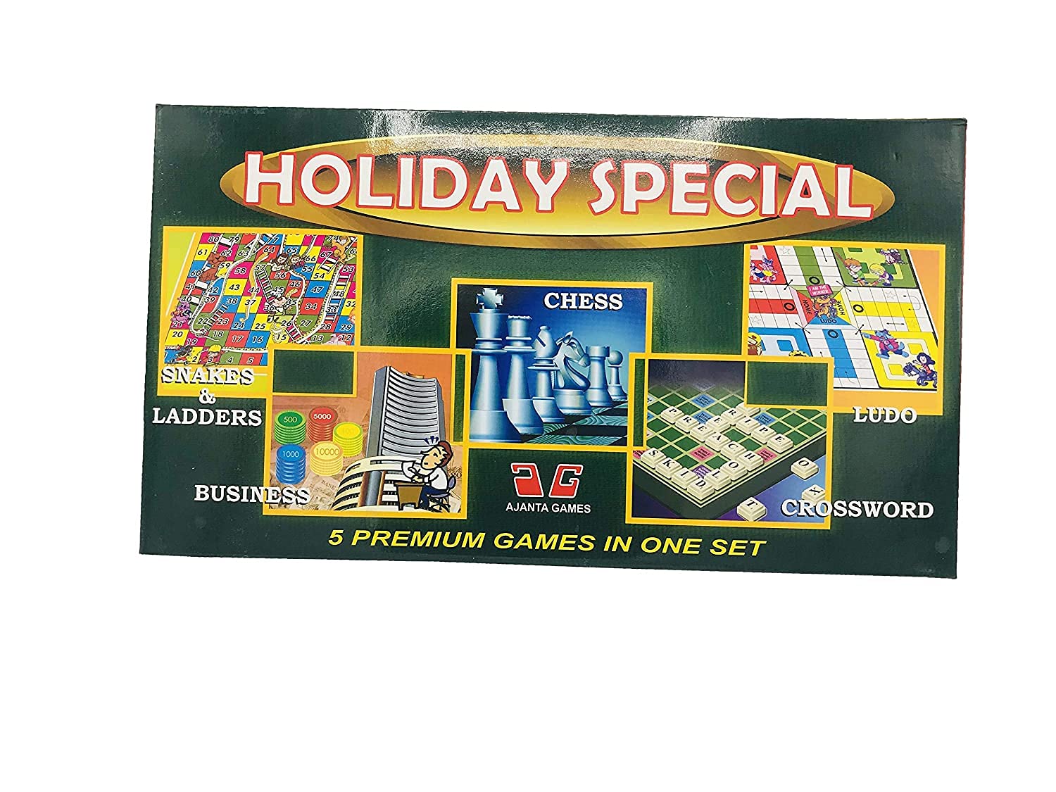 Ajanta Games Holiday Special 5 in 1 Premium Board Game Set, Includes Chess, Ludo, Snakes & Ladders, Business and Crossword, for Ages 3-15 Years