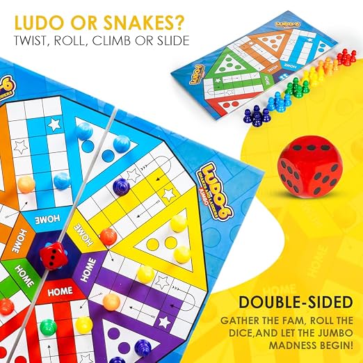 Ratna's Ludo-6 with Snakes & Ladders Jumbo Size Board Game, Double-Sided, Traditional Family Game