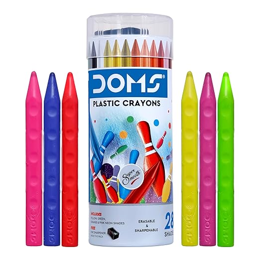Doms 28 Shades Erasable Plastic Crayons Round Tin Box | Smooth & Even Shading | Bright & Playful Colors