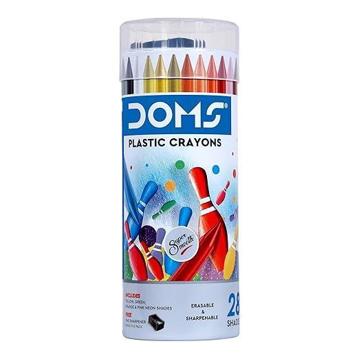 Doms 28 Shades Erasable Plastic Crayons Round Tin Box | Smooth & Even Shading | Bright & Playful Colors