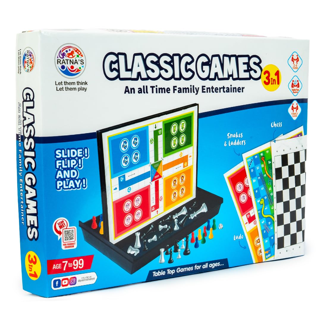  Ratna's Classic Games 3 in 1 Family Entertainer Table Top Board Games with Chess, Snakes & Ladders, Ludo for Ages 7-99 Years