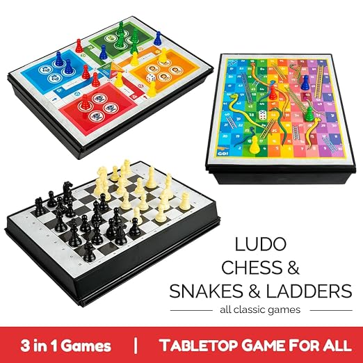  Ratna's Classic Games 3 in 1 Family Entertainer Table Top Board Games with Chess, Snakes & Ladders, Ludo for Ages 7-99 Years