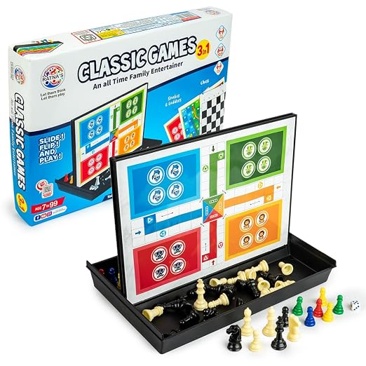  Ratna's Classic Games 3 in 1 Family Entertainer Table Top Board Games with Chess, Snakes & Ladders, Ludo for Ages 7-99 Years