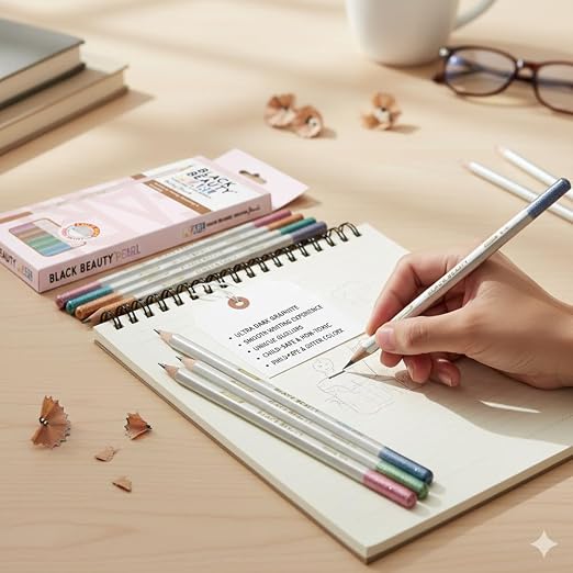 Black Beauty Bling Series Writing Pencil | Smooth Handwriting | Dark Writing, Strong Lead (Pearl-Dipped)