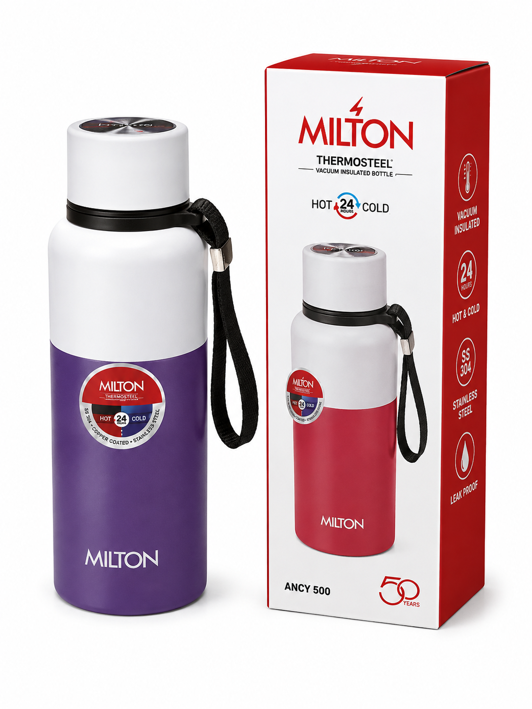 Milton Thermosteel Ancy 500 Vacuum Insulated Water Bottle | 500 ml | Stainless Steel | Hot & Cold | Leak Proof
