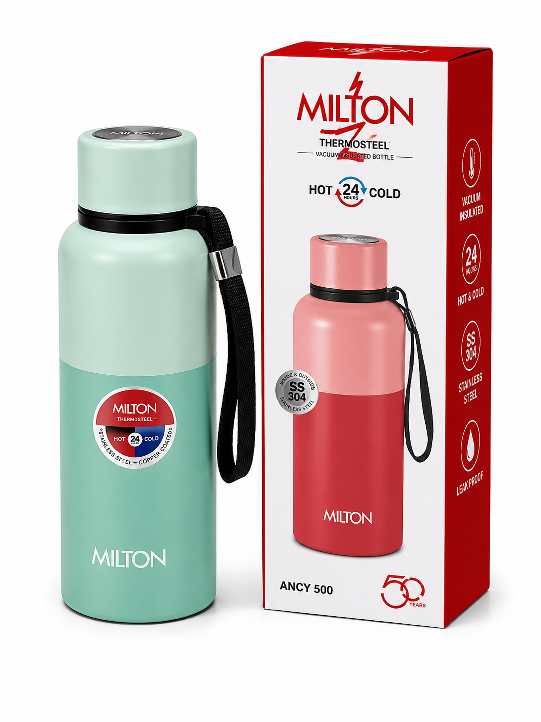 Milton Thermosteel Ancy 500 Vacuum Insulated Water Bottle | 500 ml | Stainless Steel | Hot & Cold | Leak Proof