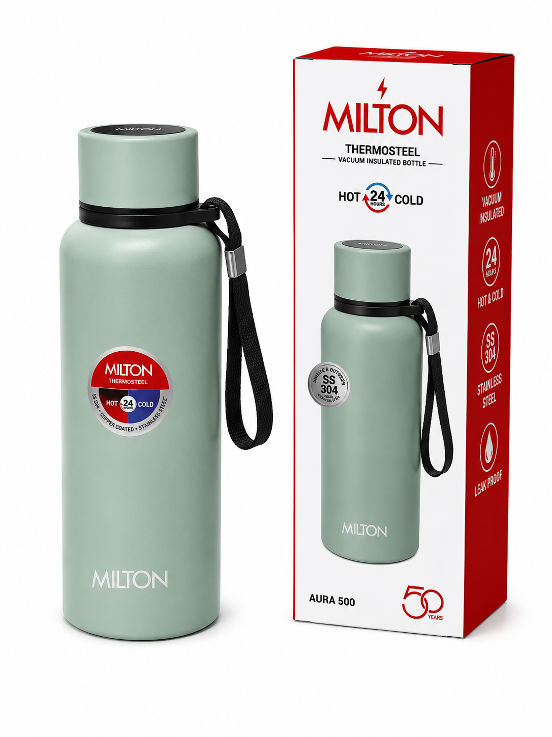 Milton Thermosteel Aura 500 Vacuum Insulated Water Bottle | 500 ml | Stainless Steel | Hot & Cold | Leak Proof