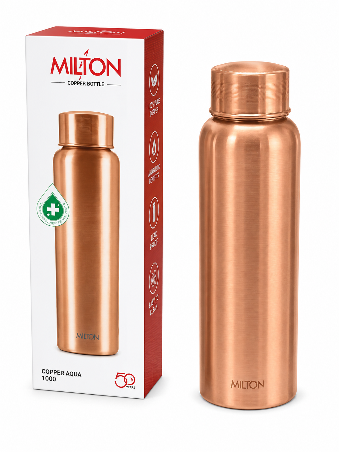Milton Copper Aqua 1000 Copper Water Bottle | 1000 ml | 100% Pure Copper | Leak Proof | Easy to Clean