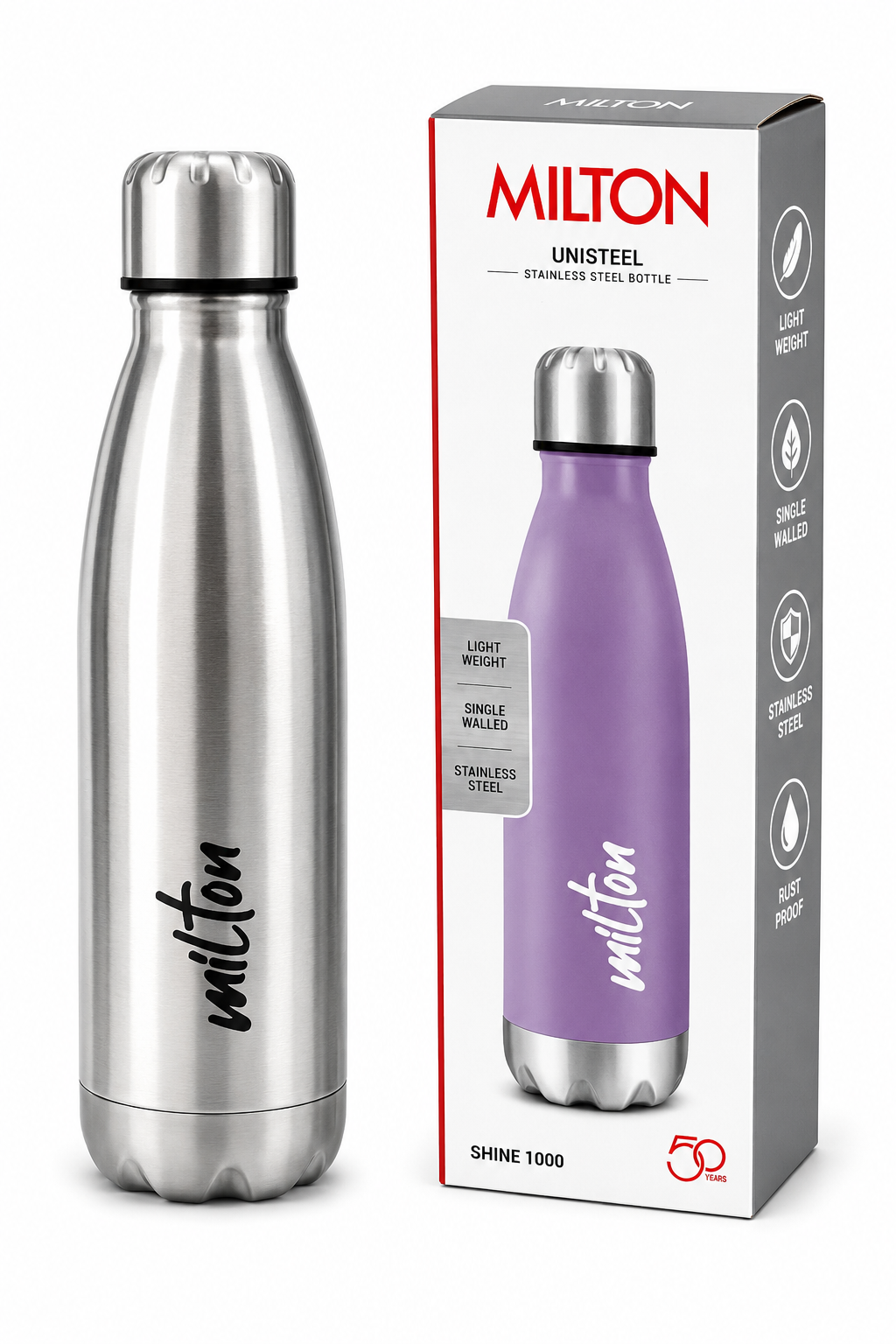 Milton Shine 1000 Stainless Steel Water Bottle | 1 Litre | Lightweight | Single-Walled | Rust Proof | Easy to Clean