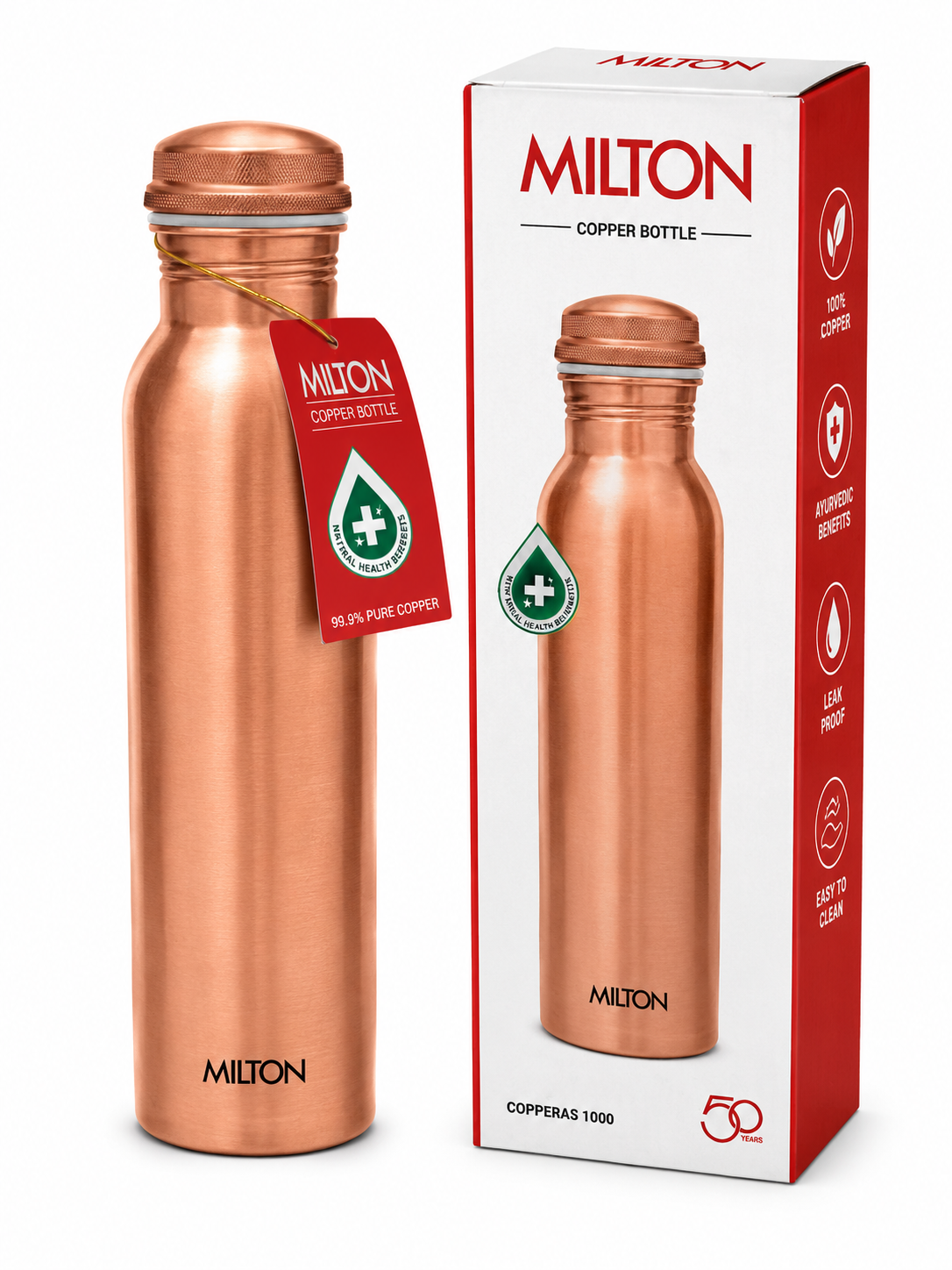 Milton Copperas 1000 Copper Water Bottle | 1 Litre | 99.9% Pure Copper | Leak-Proof | Easy to Clean