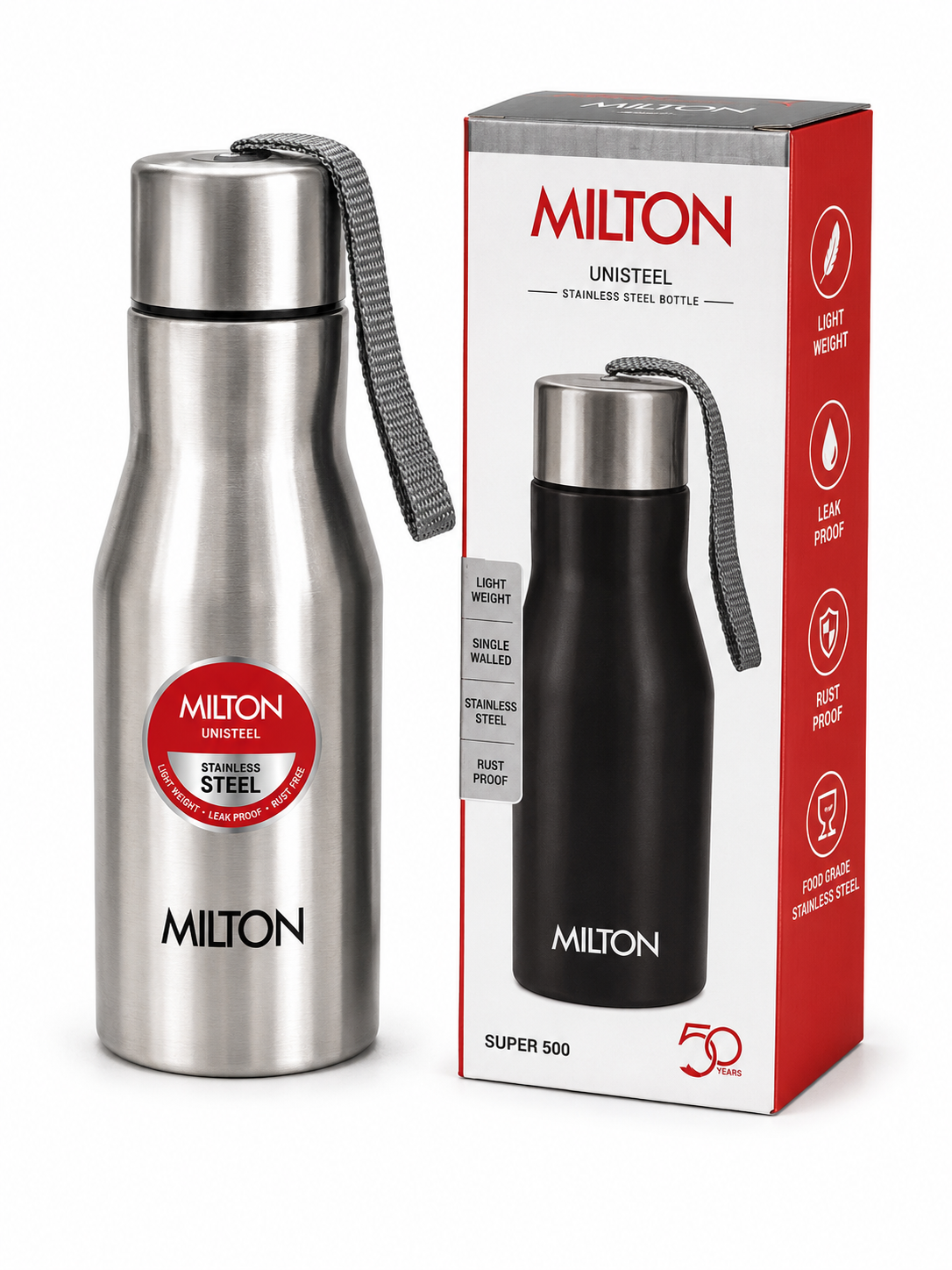 Milton Unisteel Super 500 Stainless Steel Bottle – 500 ml, Silver/Black