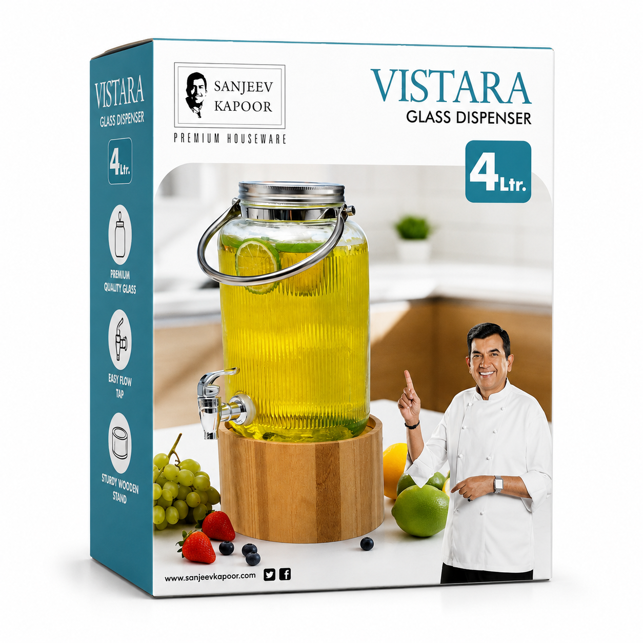 Vistara Glass Dispenser – 4 Litre with Wooden Stand
