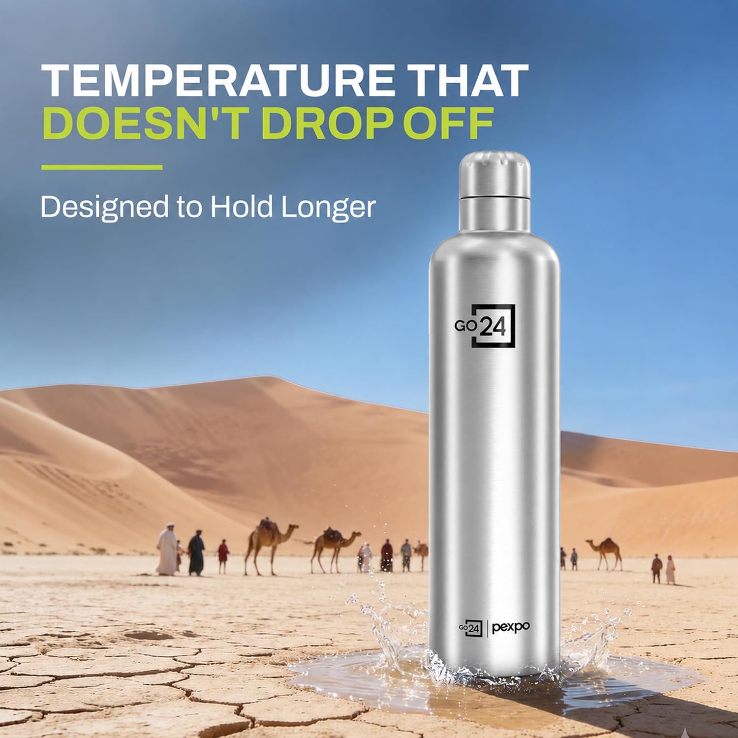  Go24 pexpo Stainless Steel Insulated Flask Orio Silver 980ml | Hot and Cold Flask | ISI Certified Steel Bottle | 3 Layer Insulation | Leakproof | For Home,...