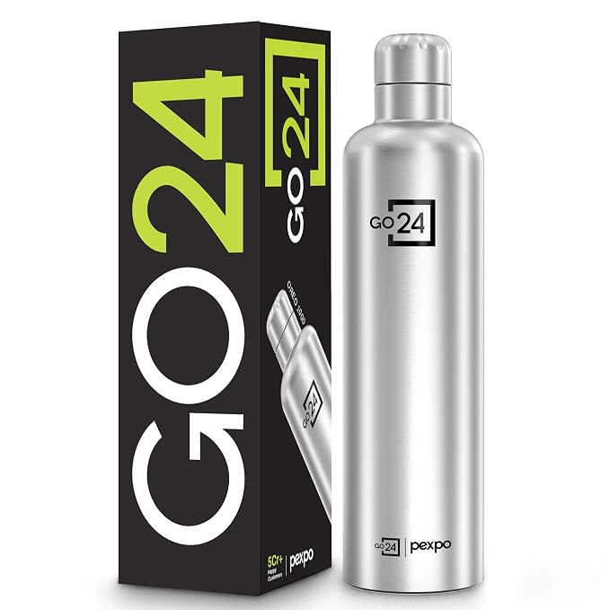  Go24 pexpo Stainless Steel Insulated Flask Orio Silver 980ml | Hot and Cold Flask | ISI Certified Steel Bottle | 3 Layer Insulation | Leakproof | For Home,...