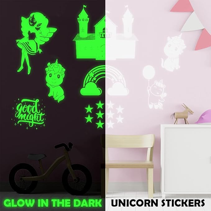 Ratna's Unicorn Glow in The Dark Stars & Unicorn Themed Designed Wall/Ceiling Stickers (Pack of 90) for Kids b'day Gifts