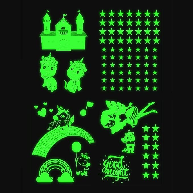 Ratna's Unicorn Glow in The Dark Stars & Unicorn Themed Designed Wall/Ceiling Stickers (Pack of 90) for Kids b'day Gifts